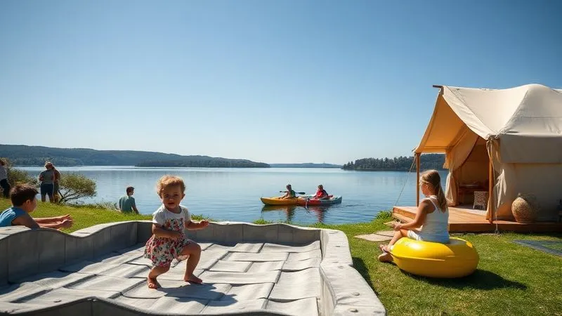 A photorealistic professional photograph of a luxurious glamping site, showing a safe, enclosed play area for toddlers in the foreground with parents watching, and adventurous teenagers kayaking on a calm lake in the mid-ground, all under a clear blue sky. 8K, cinematic lighting, sharp focus, depth of field. A photorealistic professional photograph of a luxurious glamping site, showing a safe, enclosed play area for toddlers in the foreground with parents watching, and adventurous teenagers kayaking on a calm lake in the mid-ground, all under a clear blue sky. 8K, cinematic lighting, sharp focus, depth of field.