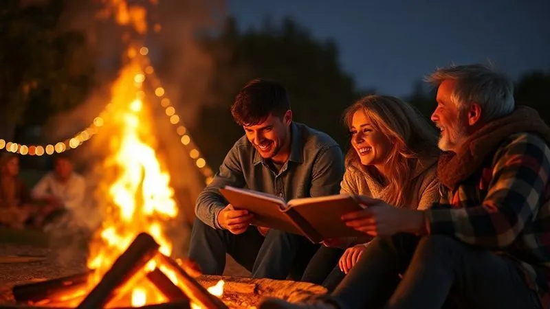 A photorealistic, professional photograph of a multi-generational family (toddler, teen, parents) gathered around a warm glamping campfire, laughing and sharing stories. The fire casts a soft, inviting glow on their faces, with a clear night sky and subtle stars in the blurred background. 8K, cinematic lighting, sharp focus, depth of field. A photorealistic, professional photograph of a multi-generational family (toddler, teen, parents) gathered around a warm glamping campfire, laughing and sharing stories. The fire casts a soft, inviting glow on their faces, with a clear night sky and subtle stars in the blurred background. 8K, cinematic lighting, sharp focus, depth of field.
