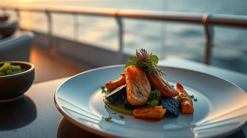 A photorealistic close-up of a meticulously prepared gourmet dish on a luxury cruise ship, with the ocean subtly blurred in the background. Cinematic lighting highlighting textures, 8K, sharp focus on the food, depth of field, professional photography. A photorealistic close-up of a meticulously prepared gourmet dish on a luxury cruise ship, with the ocean subtly blurred in the background. Cinematic lighting highlighting textures, 8K, sharp focus on the food, depth of field, professional photography.