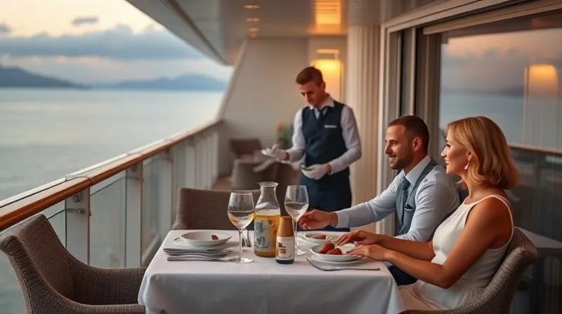 A photorealistic scene of a highly attentive cruise staff member discreetly serving a couple on a private balcony of a premium cabin, with impeccable table setting and personalized service. Soft, warm lighting, 8K, professional photography, depth of field. A photorealistic scene of a highly attentive cruise staff member discreetly serving a couple on a private balcony of a premium cabin, with impeccable table setting and personalized service. Soft, warm lighting, 8K, professional photography, depth of field.