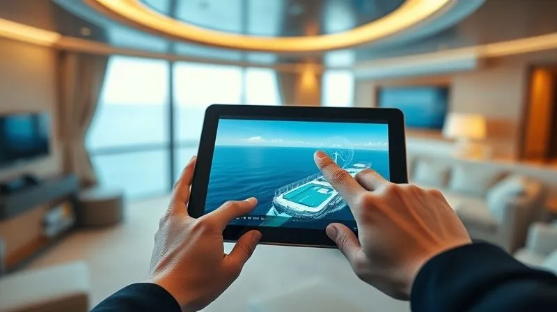 A photorealistic 360-degree virtual tour interface of a luxurious cruise cabin, displayed on a sleek tablet, with a hand interacting with the screen. The background is subtly blurred, hinting at a modern, upscale environment. 8K, cinematic lighting, sharp focus on the tablet, depth of field. A photorealistic 360-degree virtual tour interface of a luxurious cruise cabin, displayed on a sleek tablet, with a hand interacting with the screen. The background is subtly blurred, hinting at a modern, upscale environment. 8K, cinematic lighting, sharp focus on the tablet, depth of field.
