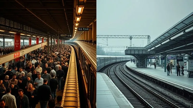 A split image showing the stark contrast between a crowded, bustling train platform during peak hour on one side, and a calm, sparsely populated platform during off-peak hours on the other. Cinematic lighting, sharp focus, depth of field, 8K, professional photography, shot on a high-end DSLR. A split image showing the stark contrast between a crowded, bustling train platform during peak hour on one side, and a calm, sparsely populated platform during off-peak hours on the other. Cinematic lighting, sharp focus, depth of field, 8K, professional photography, shot on a high-end DSLR.