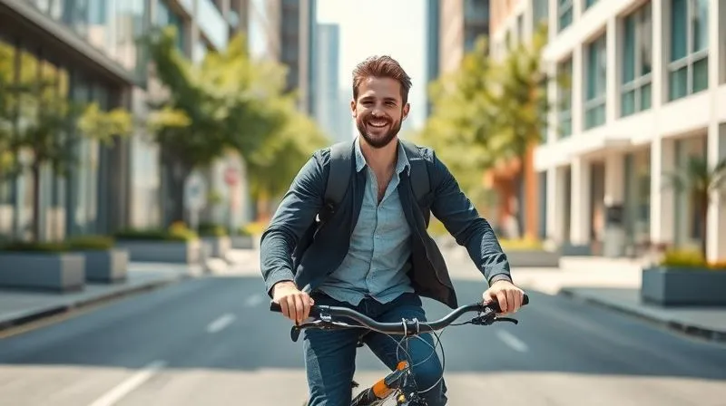 A remote worker joyfully cycling through a vibrant, clean city street during a sunny day, with modern architecture and green spaces in the background. The person is smiling, wearing casual but smart attire, carrying a small backpack. Photorealistic, professional photography, 8K, cinematic lighting, sharp focus, depth of field, shot on a high-end DSLR. A remote worker joyfully cycling through a vibrant, clean city street during a sunny day, with modern architecture and green spaces in the background. The person is smiling, wearing casual but smart attire, carrying a small backpack. Photorealistic, professional photography, 8K, cinematic lighting, sharp focus, depth of field, shot on a high-end DSLR.