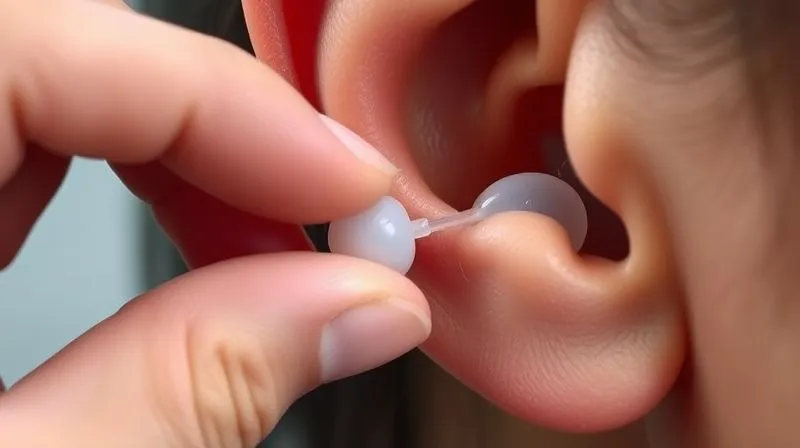 Photorealistic close-up of a hand inserting a moldable silicone earplug into an ear, soft lighting, focus on the earplug and the ear canal. Photorealistic close-up of a hand inserting a moldable silicone earplug into an ear, soft lighting, focus on the earplug and the ear canal.