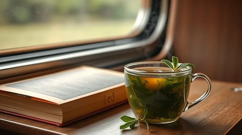Photorealistic image of a steaming cup of herbal tea next to a book on a train berth, soft lighting, depth of field blurring the background. Photorealistic image of a steaming cup of herbal tea next to a book on a train berth, soft lighting, depth of field blurring the background.