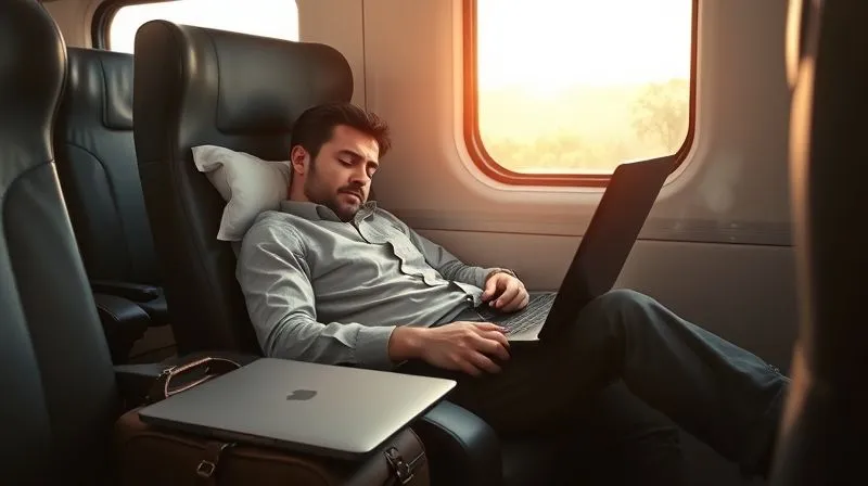 Photorealistic image of a business traveler sleeping peacefully on a train, a laptop bag resting on the floor, soft early morning light streaming through the window. Photorealistic image of a business traveler sleeping peacefully on a train, a laptop bag resting on the floor, soft early morning light streaming through the window.