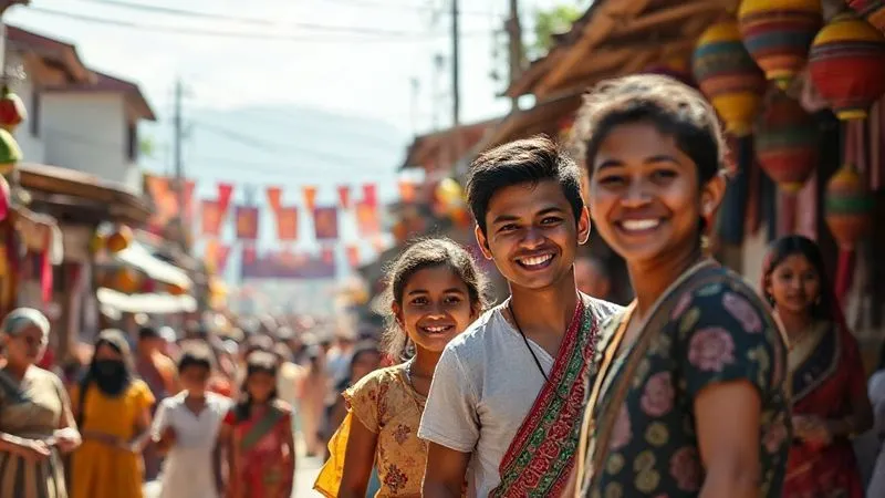 A photorealistic image of a vibrant, small, uncommercialized local street festival in a sun-drenched village, with genuine smiles on the faces of locals in traditional attire, children playing, and handmade decorations. In contrast, a blurred, distant background shows a larger, more commercialized event with corporate banners, cinematic lighting, sharp focus on the authentic scene, depth of field blurring the background, 8K hyper-detailed.