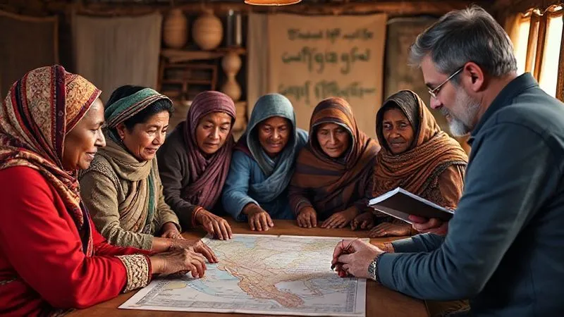 A photorealistic professional photograph, 8K, cinematic lighting, sharp focus, depth of field, shot on a high-end DSLR, showing a diverse group of local community leaders and artisans in a warm, collaborative setting, perhaps around a table, sharing stories and pointing at maps or traditional calendars, with a travel expert actively listening and taking notes, conveying trust and mutual respect.