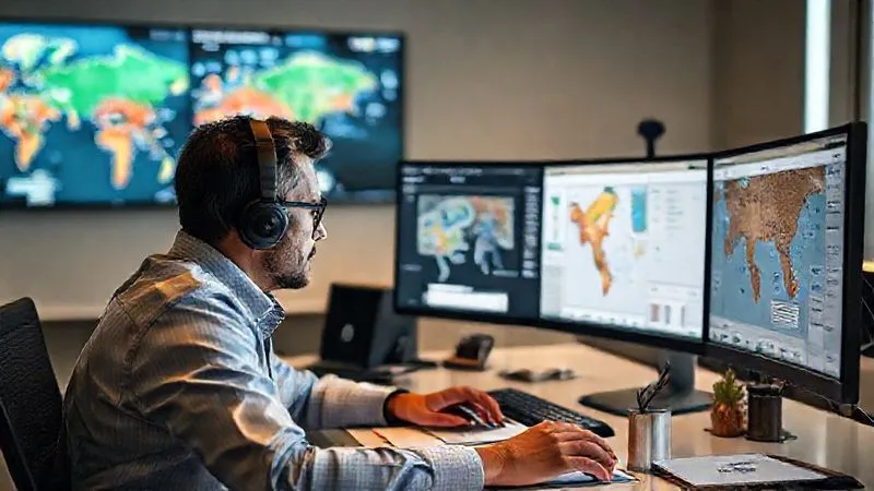 A photorealistic professional photograph, 8K, cinematic lighting, sharp focus, depth of field, shot on a high-end DSLR, of a travel planner at a sleek desk, looking intently at multiple screens displaying geospatial maps, social media feeds, and a CRM interface, all focused on identifying and tracking local festivals, with subtle cultural motifs on the desk accessories.
