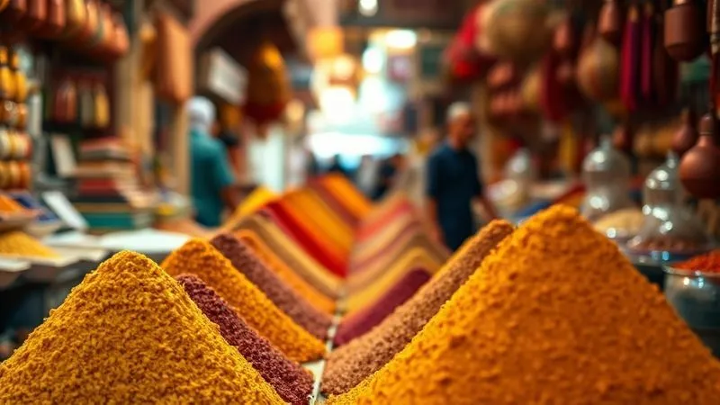 photorealistic, professional photography, 8K, cinematic lighting, sharp focus, depth of field, shot on a high-end DSLR. A bustling, vibrant ancient spice market in Marrakech, Morocco, with pyramids of colorful spices (turmeric, paprika, cumin, saffron) under warm, diffused light. Focus on the textures and rich colors of the spices, with blurred figures of vendors and shoppers in the background, conveying a sense of timeless tradition and aromatic abundance. photorealistic, professional photography, 8K, cinematic lighting, sharp focus, depth of field, shot on a high-end DSLR. A bustling, vibrant ancient spice market in Marrakech, Morocco, with pyramids of colorful spices (turmeric, paprika, cumin, saffron) under warm, diffused light. Focus on the textures and rich colors of the spices, with blurred figures of vendors and shoppers in the background, conveying a sense of timeless tradition and aromatic abundance.