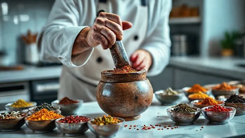 photorealistic, professional photography, 8K, cinematic lighting, sharp focus, depth of field, shot on a high-end DSLR. A skilled chef, with focused intensity, carefully grinding whole spices in a mortar and pestle on a clean, modern kitchen counter. Various small bowls of vibrant, unique spices surround the mortar, suggesting experimentation and precision. Soft, warm light illuminates the scene, highlighting the textures and colors of the spices. photorealistic, professional photography, 8K, cinematic lighting, sharp focus, depth of field, shot on a high-end DSLR. A skilled chef, with focused intensity, carefully grinding whole spices in a mortar and pestle on a clean, modern kitchen counter. Various small bowls of vibrant, unique spices surround the mortar, suggesting experimentation and precision. Soft, warm light illuminates the scene, highlighting the textures and colors of the spices.