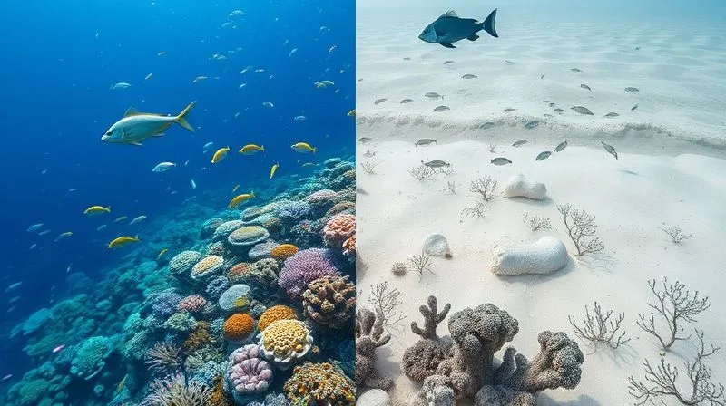 A photorealistic image showing a clear visual contrast: on one side, a vibrant, healthy coral reef teeming with diverse fish and colorful corals; on the other side, a bleached, pale, and sparse coral reef with minimal marine life. The image should convey both beauty and loss. Professional photography, 8K, cinematic lighting, sharp focus, depth of field, shot on a high-end DSLR.