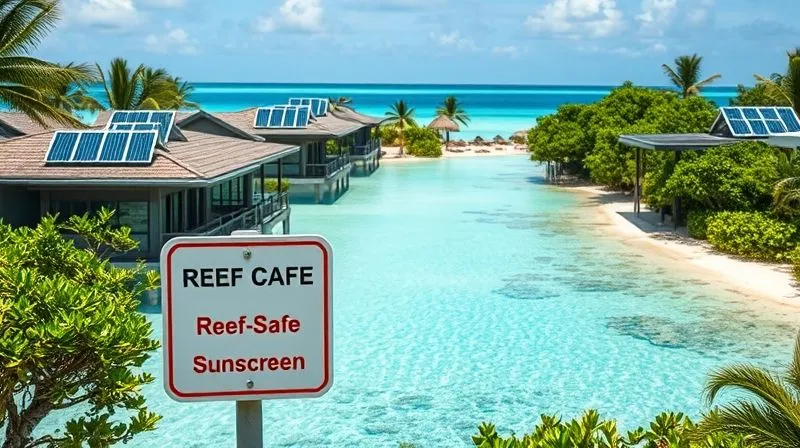 A photorealistic image of a luxurious, eco-friendly beach resort with solar panels on its roofs, surrounded by lush vegetation and crystal-clear turquoise waters. A sign in the foreground subtly points towards a "Reef-Safe Sunscreen" dispenser. Professional photography, 8K, cinematic lighting, sharp focus, depth of field, shot on a high-end DSLR.