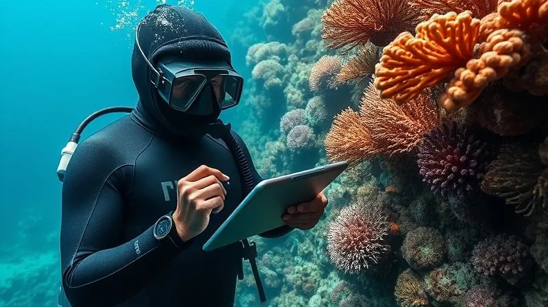A photorealistic image of a marine biologist in a wetsuit, holding a waterproof tablet and taking notes while submerged next to a vibrant coral reef. Data visualizations are subtly overlaid on the tablet screen. Professional photography, 8K, cinematic lighting, sharp focus on the biologist and coral, depth of field blurring the background, shot on a high-end DSLR.