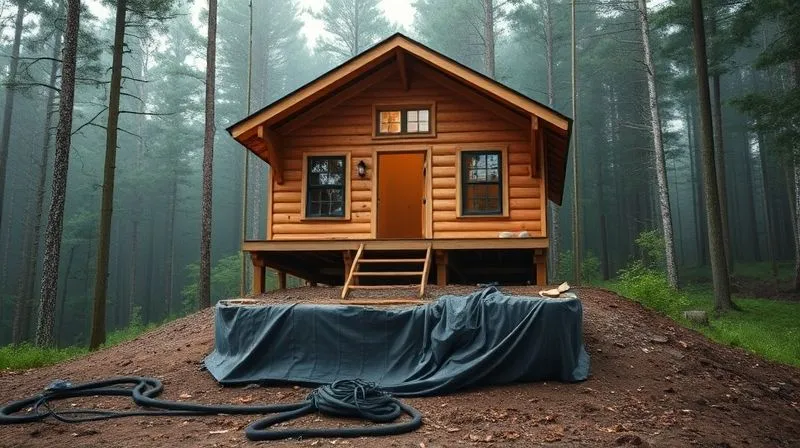 A photorealistic, professional photography shot of a glamping cabin under construction, focusing on an elevated foundation with visible vapor barriers and proper drainage systems in place, against a lush, damp forest background. 8K, cinematic lighting, sharp focus on the foundation, depth of field blurring the forest, shot on a high-end DSLR. A photorealistic, professional photography shot of a glamping cabin under construction, focusing on an elevated foundation with visible vapor barriers and proper drainage systems in place, against a lush, damp forest background. 8K, cinematic lighting, sharp focus on the foundation, depth of field blurring the forest, shot on a high-end DSLR.