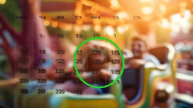 A photorealistic calendar with specific dates circled in green, indicating low-crowd theme park travel times, with a blurred background of a happy family enjoying a theme park ride, cinematic lighting, sharp focus on the calendar, depth of field, 8K hyper-detailed, professional photography. A photorealistic calendar with specific dates circled in green, indicating low-crowd theme park travel times, with a blurred background of a happy family enjoying a theme park ride, cinematic lighting, sharp focus on the calendar, depth of field, 8K hyper-detailed, professional photography.
