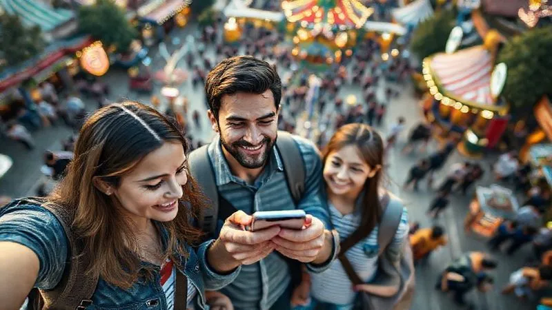 A photorealistic bird's-eye view of a bustling theme park, with a family in the foreground using a smartphone app to navigate, their faces focused but happy, showing efficiency amidst the crowd, cinematic lighting, sharp focus on the family and phone, depth of field, 8K hyper-detailed, professional photography. A photorealistic bird's-eye view of a bustling theme park, with a family in the foreground using a smartphone app to navigate, their faces focused but happy, showing efficiency amidst the crowd, cinematic lighting, sharp focus on the family and phone, depth of field, 8K hyper-detailed, professional photography.