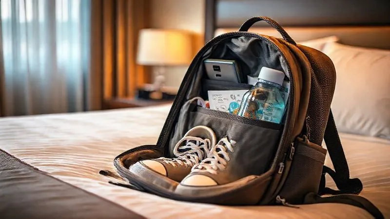 A photorealistic, neatly organized backpack sitting open on a hotel bed, revealing theme park essentials like a portable charger, water bottle, comfortable shoes, and a map, with a small theme park souvenir visible, cinematic lighting, sharp focus on the backpack contents, depth of field, 8K hyper-detailed, professional photography. A photorealistic, neatly organized backpack sitting open on a hotel bed, revealing theme park essentials like a portable charger, water bottle, comfortable shoes, and a map, with a small theme park souvenir visible, cinematic lighting, sharp focus on the backpack contents, depth of field, 8K hyper-detailed, professional photography.