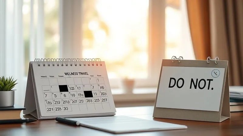 A photorealistic image of a neatly organized desk with a calendar showing 'Wellness Travel' blocked out, a delegating checklist, and a 'Do Not Disturb' sign prominently displayed. A serene, unfocused natural background is visible through a window, symbolizing the upcoming escape. professional photography, 8K, cinematic lighting, sharp focus, depth of field, shot on a high-end DSLR A photorealistic image of a neatly organized desk with a calendar showing 'Wellness Travel' blocked out, a delegating checklist, and a 'Do Not Disturb' sign prominently displayed. A serene, unfocused natural background is visible through a window, symbolizing the upcoming escape. professional photography, 8K, cinematic lighting, sharp focus, depth of field, shot on a high-end DSLR
