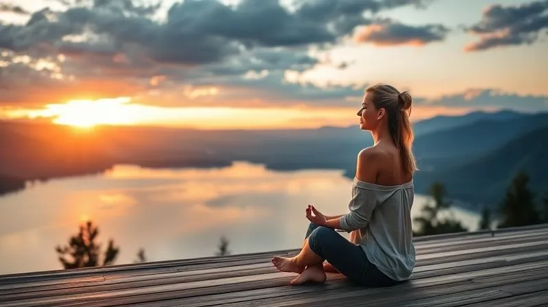 A photorealistic image of Sarah, a professional woman, meditating peacefully on a wooden deck overlooking a serene mountain lake at sunrise. Her posture is relaxed yet alert, a subtle smile on her face. The scene exudes tranquility and profound rejuvenation. professional photography, 8K, cinematic lighting, sharp focus, depth of field, shot on a high-end DSLR A photorealistic image of Sarah, a professional woman, meditating peacefully on a wooden deck overlooking a serene mountain lake at sunrise. Her posture is relaxed yet alert, a subtle smile on her face. The scene exudes tranquility and profound rejuvenation. professional photography, 8K, cinematic lighting, sharp focus, depth of field, shot on a high-end DSLR
