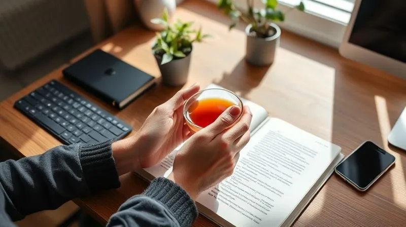 A photorealistic image of a professional's home office desk, bathed in natural light. On the desk, a small plant, a journal open to a mindfulness prompt, and a notification-free smartphone. A person's hands are visible, gently holding a cup of herbal tea, embodying calm integration. professional photography, 8K, cinematic lighting, sharp focus, depth of field, shot on a high-end DSLR A photorealistic image of a professional's home office desk, bathed in natural light. On the desk, a small plant, a journal open to a mindfulness prompt, and a notification-free smartphone. A person's hands are visible, gently holding a cup of herbal tea, embodying calm integration. professional photography, 8K, cinematic lighting, sharp focus, depth of field, shot on a high-end DSLR