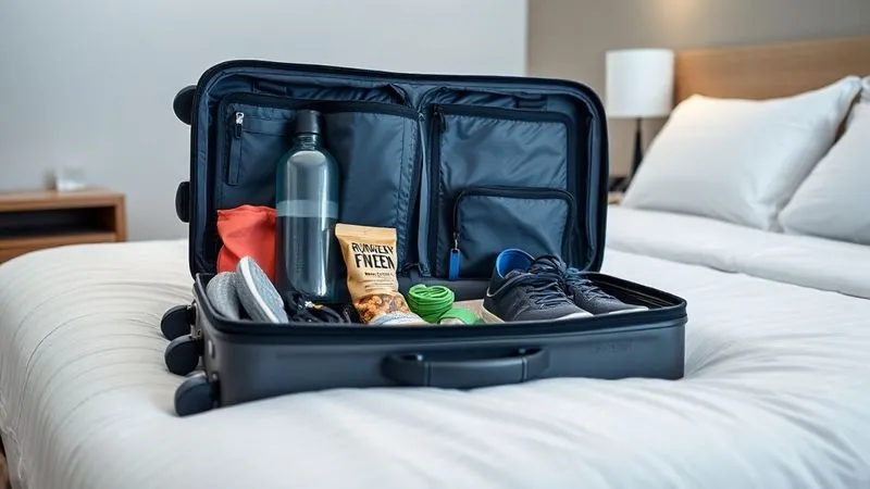 photorealistic, professional photography, 8K, cinematic lighting, sharp focus, depth of field, shot on a high-end DSLR, a neatly organized open suitcase on a hotel bed, filled with healthy travel essentials: a reusable water bottle, protein bars, a small bag of nuts, resistance bands, a sleep mask, and a compact pair of running shoes. The background shows a modern, clean hotel room.