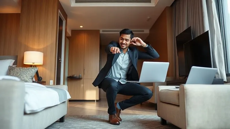 photorealistic, professional photography, 8K, cinematic lighting, sharp focus, depth of field, shot on a high-end DSLR, a professional individual in business casual attire performing a subtle stretch or bodyweight squat in a modern hotel room, between taking a business call on a laptop. The scene subtly integrates movement into a busy work schedule, conveying adaptability and well-being.
