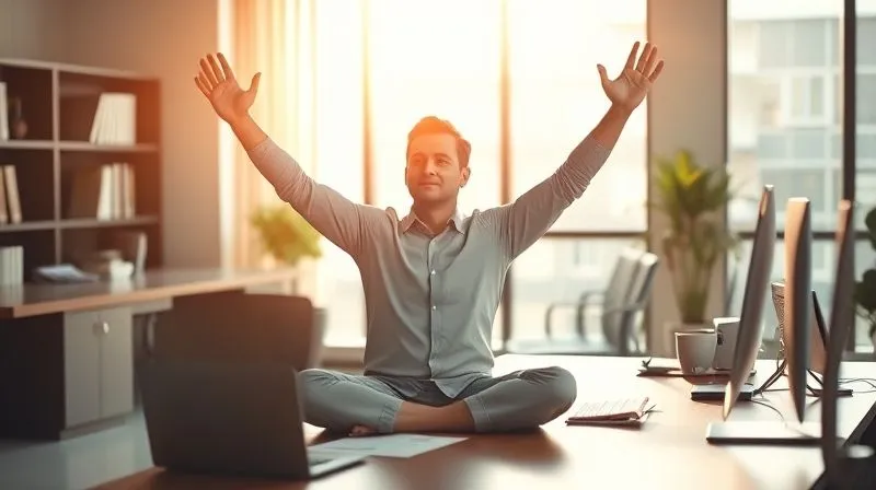 A photorealistic image of a professional at a desk taking a mindful stretching break, sunlight streaming through a window, sharp focus on the individual, blurred office background. 8K, cinematic lighting, professional photography, shot on a high-end DSLR.