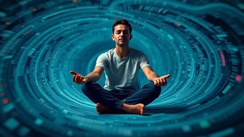 A photorealistic image of a person sitting calmly amidst a swirling, abstract representation of stress and data, suggesting control and inner peace. Professional, 8K, cinematic lighting, sharp focus on the individual, depth of field blurring the background, shot on a high-end DSLR.