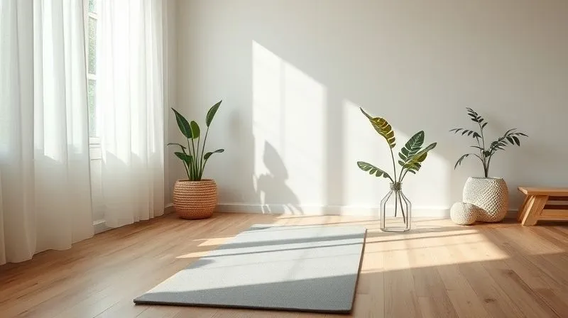 A photorealistic image of a minimalist home wellness space, calm and inviting, with a yoga mat and natural light, a potted plant, and soft textures, suggesting a personal retreat. 8K, professional photography, soft lighting, depth of field, shot on a high-end DSLR.