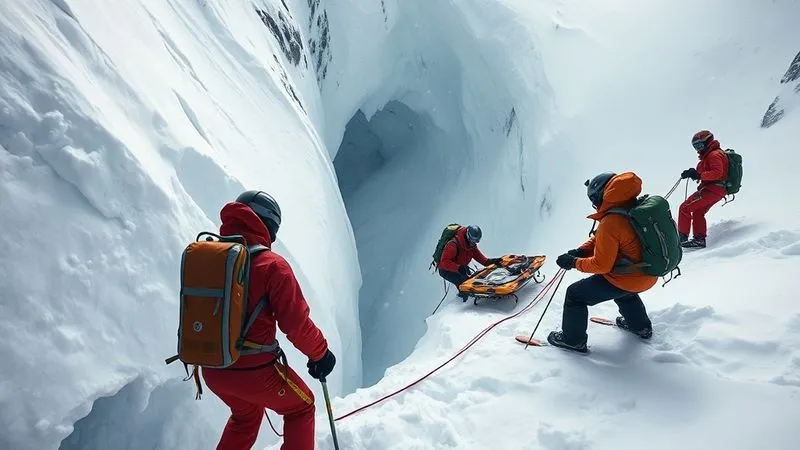 A photorealistic image of a ski patrol team conducting a simulated crevasse rescue in a realistic glacier environment. One patroller is descending into a crevasse, while others manage ropes and a stretcher on the surface. Snow is lightly falling, and the lighting is muted, conveying urgency. Professional photography, 8K, cinematic lighting, sharp focus, depth of field. A photorealistic image of a ski patrol team conducting a simulated crevasse rescue in a realistic glacier environment. One patroller is descending into a crevasse, while others manage ropes and a stretcher on the surface. Snow is lightly falling, and the lighting is muted, conveying urgency. Professional photography, 8K, cinematic lighting, sharp focus, depth of field.