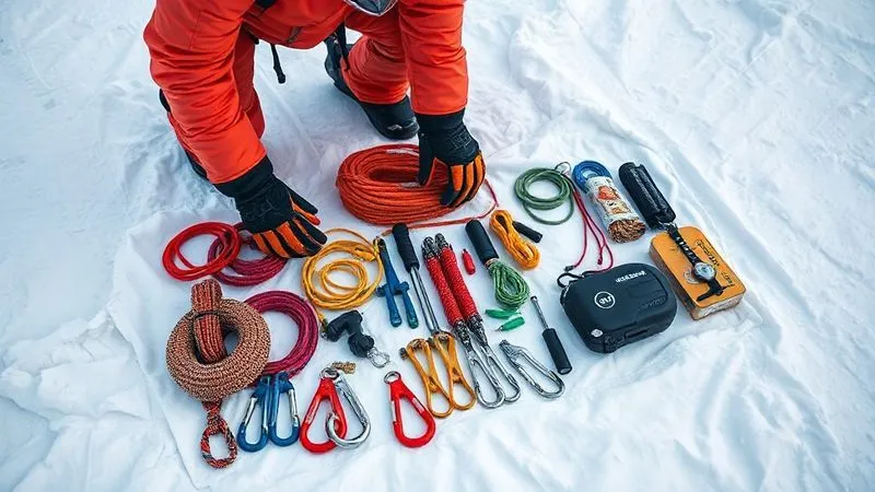 A photorealistic image of a ski patrol team member inspecting a specialized crevasse rescue kit laid out on a clean, snow-covered tarp. The kit includes static ropes, pulleys, carabiners, ice screws, and a compact litter. Emphasize the organization and quality of the gear. Professional photography, 8K, cinematic lighting, sharp focus, depth of field. A photorealistic image of a ski patrol team member inspecting a specialized crevasse rescue kit laid out on a clean, snow-covered tarp. The kit includes static ropes, pulleys, carabiners, ice screws, and a compact litter. Emphasize the organization and quality of the gear. Professional photography, 8K, cinematic lighting, sharp focus, depth of field.