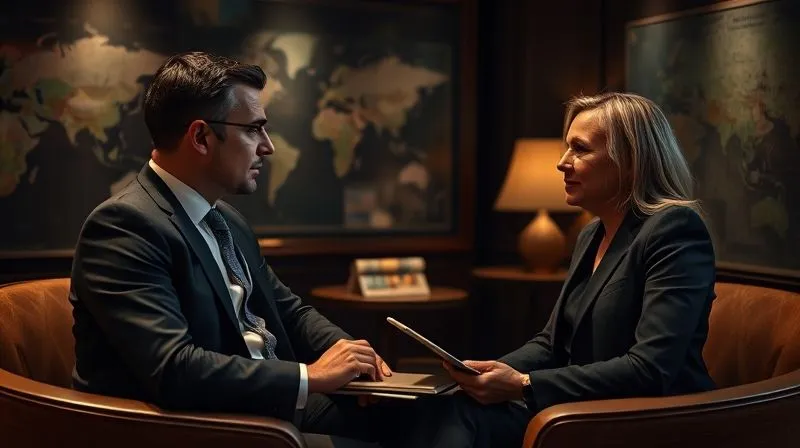 photorealistic, professional photography, 8K, cinematic lighting, sharp focus, depth of field, shot on a high-end DSLR. A sophisticated, well-dressed travel advisor having a discreet conversation with a client in a luxurious, dimly lit private lounge, surrounded by subtle maps and travel brochures, conveying trust and exclusive access.