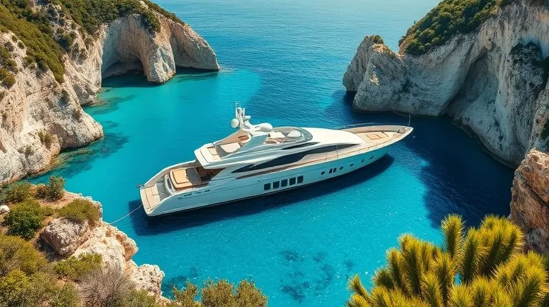 photorealistic, professional photography, 8K, cinematic lighting, sharp focus, depth of field, shot on a high-end DSLR. A sleek, modern superyacht anchored in a crystal-clear turquoise cove, surrounded by lush, untouched cliffs, with no other boats or signs of human presence, conveying ultimate privacy and luxury.