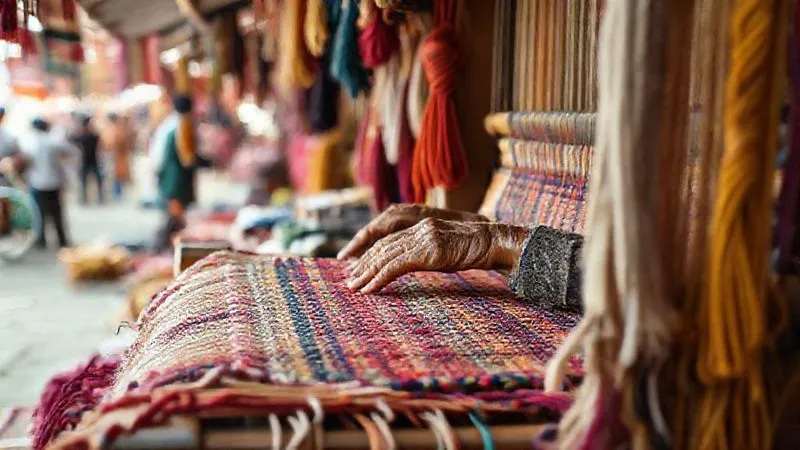 Photorealistic, professional photography, 8K, cinematic lighting, sharp focus on an older artisan's hands meticulously weaving a colorful rug on a traditional loom, surrounded by skeins of vibrant yarn and partially finished textiles in a bustling, open-air market stall, depth of field blurring the background, shot on a high-end DSLR, warm natural light.