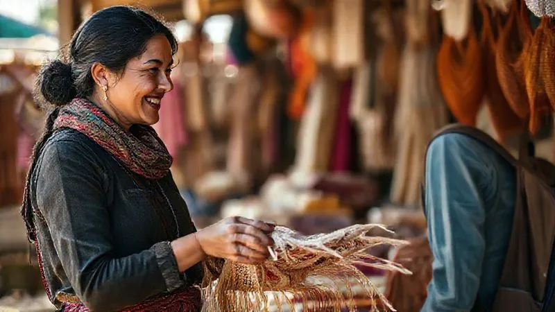 Photorealistic, professional photography, 8K, cinematic lighting, sharp focus on a smiling female artisan, her hands gently presenting a beautifully woven textile to a delighted traveler, their faces reflecting mutual respect and appreciation, depth of field blurring the background of a vibrant, sunlit market stall, shot on a high-end DSLR.