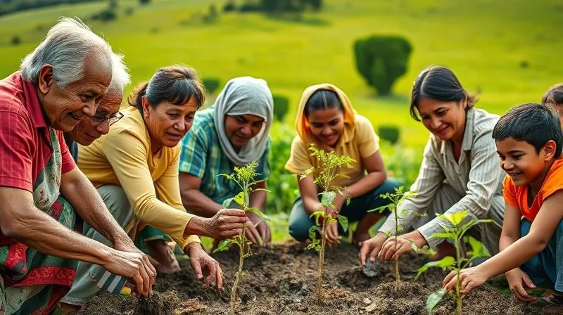 A photorealistic, professional photography, 8K, cinematic lighting, sharp focus, depth of field, shot on a high-end DSLR, of a diverse group of local community members, including elders and children, actively participating in a reforestation project, planting saplings with joy and collaboration, vibrant green landscape in the background under soft, natural light, conveying hope and shared purpose. A photorealistic, professional photography, 8K, cinematic lighting, sharp focus, depth of field, shot on a high-end DSLR, of a diverse group of local community members, including elders and children, actively participating in a reforestation project, planting saplings with joy and collaboration, vibrant green landscape in the background under soft, natural light, conveying hope and shared purpose.