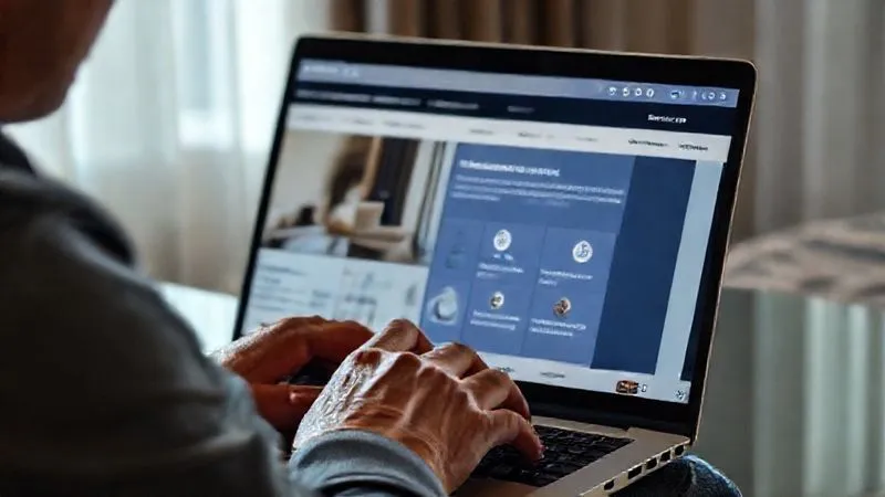 A photorealistic, professional photography image shot on a high-end DSLR, 8K, cinematic lighting, sharp focus on a person's hands expertly navigating a laptop screen. The screen displays a hotel's website, highlighting a detailed 'Accessibility Features' section with icons for roll-in showers, grab bars, and wide doorways. The person's expression is focused and diligent, reflecting the thoroughness required for verifying accessible accommodations.