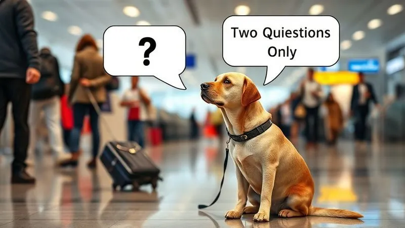 photorealistic, professional photography, 8K, cinematic lighting, sharp focus, depth of field, shot on a high-end DSLR. A calm, well-behaved Labrador service dog sitting attentively at its handler's feet in a bustling airport terminal, with a blurred background of travelers. Two speech bubbles float above the scene: one with a question mark about legitimacy, and another with the text 'Two Questions Only', emphasizing clarity and legal boundaries. The image should convey professionalism and quiet competence. photorealistic, professional photography, 8K, cinematic lighting, sharp focus, depth of field, shot on a high-end DSLR. A calm, well-behaved Labrador service dog sitting attentively at its handler's feet in a bustling airport terminal, with a blurred background of travelers. Two speech bubbles float above the scene: one with a question mark about legitimacy, and another with the text 'Two Questions Only', emphasizing clarity and legal boundaries. The image should convey professionalism and quiet competence.