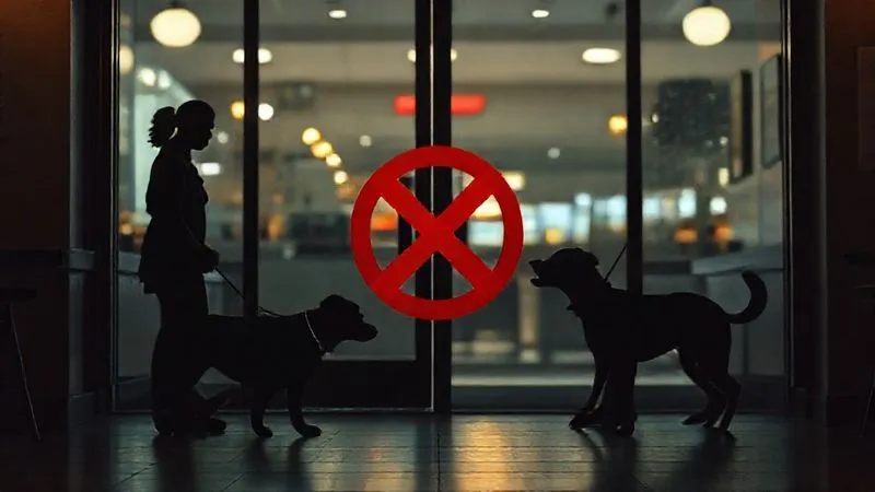 photorealistic, professional photography, 8K, cinematic lighting, sharp focus, depth of field, shot on a high-end DSLR. A clear visual representation of a boundary line or a 'stop' sign, with a silhouette of a person and a service dog calmly entering on one side, and a silhouette of a person struggling to control a disruptive, barking dog on the other, with a red 'X' over it. The scene should be set in a public space, like a restaurant entrance, conveying the concept of permissible denial based on behavior, not prejudice. Cinematic lighting, sharp focus on the dividing line. photorealistic, professional photography, 8K, cinematic lighting, sharp focus, depth of field, shot on a high-end DSLR. A clear visual representation of a boundary line or a 'stop' sign, with a silhouette of a person and a service dog calmly entering on one side, and a silhouette of a person struggling to control a disruptive, barking dog on the other, with a red 'X' over it. The scene should be set in a public space, like a restaurant entrance, conveying the concept of permissible denial based on behavior, not prejudice. Cinematic lighting, sharp focus on the dividing line.