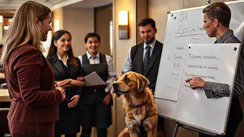 photorealistic, professional photography, 8K, cinematic lighting, sharp focus, depth of field, shot on a high-end DSLR. A diverse group of hospitality staff (hotel front desk, restaurant server, security) engaged in an interactive training session. One staff member is role-playing asking the two ADA-compliant questions to another, who is accompanied by a realistic, calm service dog prop. A trainer points to a whiteboard with bullet points on 'ADA Service Animal Q&A'. The scene should convey active learning, professionalism, and teamwork. photorealistic, professional photography, 8K, cinematic lighting, sharp focus, depth of field, shot on a high-end DSLR. A diverse group of hospitality staff (hotel front desk, restaurant server, security) engaged in an interactive training session. One staff member is role-playing asking the two ADA-compliant questions to another, who is accompanied by a realistic, calm service dog prop. A trainer points to a whiteboard with bullet points on 'ADA Service Animal Q&A'. The scene should convey active learning, professionalism, and teamwork.