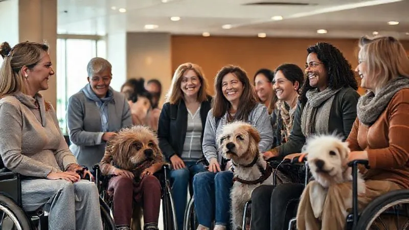 photorealistic, professional photography, 8K, cinematic lighting, sharp focus, depth of field, shot on a high-end DSLR. A diverse group of people, including individuals with disabilities and their service animals, smiling and interacting harmoniously in a well-lit, modern public space like a hotel lobby or a cafe. A subtle, positive glow emanates from their interactions, symbolizing inclusivity and respect. The scene should evoke a sense of community, trust, and successful integration, with a focus on genuine human connection. photorealistic, professional photography, 8K, cinematic lighting, sharp focus, depth of field, shot on a high-end DSLR. A diverse group of people, including individuals with disabilities and their service animals, smiling and interacting harmoniously in a well-lit, modern public space like a hotel lobby or a cafe. A subtle, positive glow emanates from their interactions, symbolizing inclusivity and respect. The scene should evoke a sense of community, trust, and successful integration, with a focus on genuine human connection.