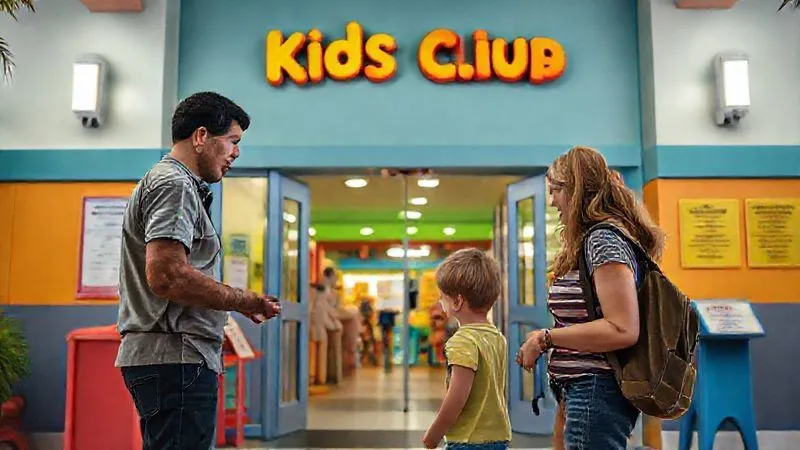 photorealistic, professional photography, 8K, cinematic lighting, sharp focus, depth of field, shot on a high-end DSLR, a secure and vibrant kids' club entrance at a resort, a friendly but vigilant staff member checking in a child with a parent, clear signage for safety rules, bright colors, happy atmosphere, but with subtle security features like controlled access and cameras visible. photorealistic, professional photography, 8K, cinematic lighting, sharp focus, depth of field, shot on a high-end DSLR, a secure and vibrant kids' club entrance at a resort, a friendly but vigilant staff member checking in a child with a parent, clear signage for safety rules, bright colors, happy atmosphere, but with subtle security features like controlled access and cameras visible.