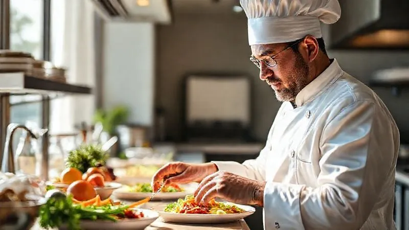photorealistic, professional photography, 8K, cinematic lighting, sharp focus, depth of field, shot on a high-end DSLR, a resort chef in a pristine kitchen, carefully preparing a special meal with allergy-free ingredients, clear labels on ingredients, a look of precision and care, bright and clean environment. photorealistic, professional photography, 8K, cinematic lighting, sharp focus, depth of field, shot on a high-end DSLR, a resort chef in a pristine kitchen, carefully preparing a special meal with allergy-free ingredients, clear labels on ingredients, a look of precision and care, bright and clean environment.