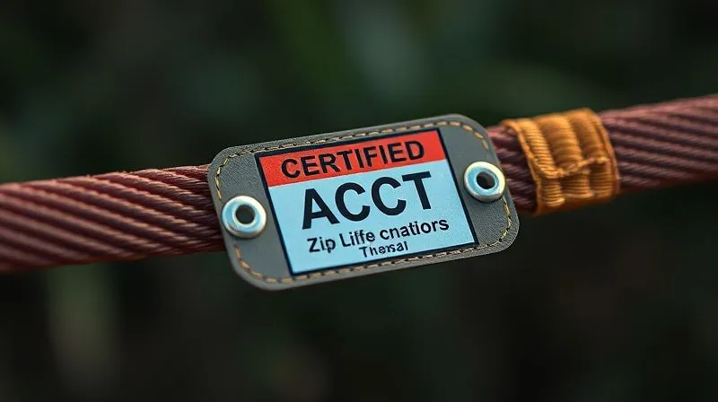 A photorealistic close-up of a certified zip line harness with an ACCT certification tag clearly visible, professional photography, 8K, cinematic lighting, sharp focus, depth of field, shot on a high-end DSLR.
