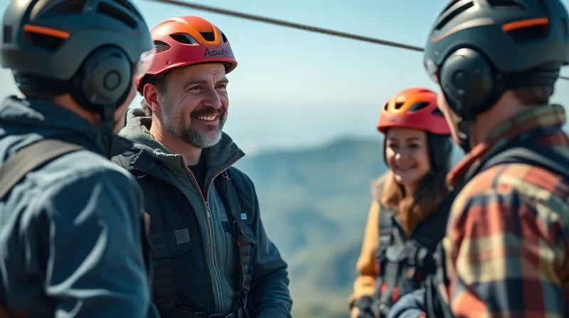 A photorealistic scene of a zip line guide conducting a thorough pre-flight safety briefing to a small group of discerning clients, all wearing high-end safety gear, professional photography, 8K, cinematic lighting, sharp focus on the guide's reassuring expression, depth of field blurring the scenic background, shot on a high-end DSLR.