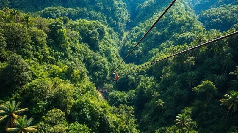 A photorealistic, high-angle shot of a zip line course winding through a lush, vibrant rainforest, with a small group of people safely enjoying the experience, professional photography, 8K, cinematic lighting, sharp focus, depth of field, shot on a high-end DSLR.