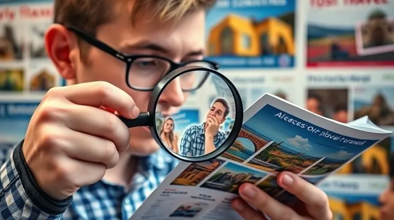 A person with a magnifying glass closely examining a travel brochure that features images of accessible travel, with a background of generic travel advertisements. Photorealistic, professional photography, 8K, cinematic lighting, sharp focus on the magnifying glass and brochure, depth of field blurring the background, shot on a high-end DSLR. A person with a magnifying glass closely examining a travel brochure that features images of accessible travel, with a background of generic travel advertisements. Photorealistic, professional photography, 8K, cinematic lighting, sharp focus on the magnifying glass and brochure, depth of field blurring the background, shot on a high-end DSLR.