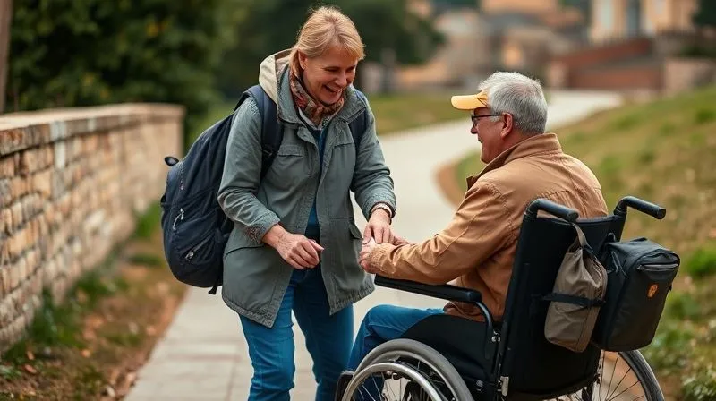 A tour guide, with a kind and understanding expression, is assisting a traveler who uses a wheelchair to navigate a slightly uneven pathway, demonstrating genuine empathy and trained support. They are making eye contact and smiling. Photorealistic, professional photography, 8K, cinematic lighting, sharp focus on the interaction, depth of field blurring the background, shot on a high-end DSLR. A tour guide, with a kind and understanding expression, is assisting a traveler who uses a wheelchair to navigate a slightly uneven pathway, demonstrating genuine empathy and trained support. They are making eye contact and smiling. Photorealistic, professional photography, 8K, cinematic lighting, sharp focus on the interaction, depth of field blurring the background, shot on a high-end DSLR.