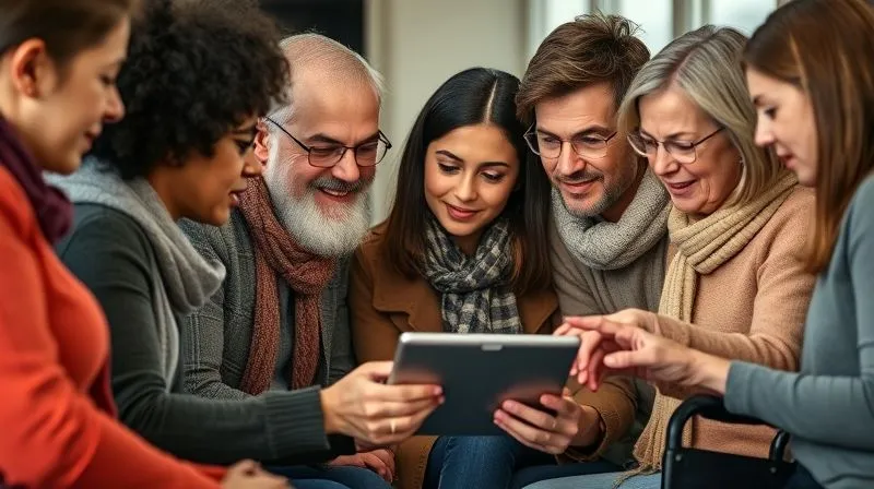 A diverse group of people, some using mobility aids, gathered around a tablet, intently reading and discussing online reviews of accessible travel destinations and operators. Their faces show contemplation and shared understanding. Photorealistic, professional photography, 8K, cinematic lighting, sharp focus on the tablet and faces, depth of field blurring the background, shot on a high-end DSLR. A diverse group of people, some using mobility aids, gathered around a tablet, intently reading and discussing online reviews of accessible travel destinations and operators. Their faces show contemplation and shared understanding. Photorealistic, professional photography, 8K, cinematic lighting, sharp focus on the tablet and faces, depth of field blurring the background, shot on a high-end DSLR.